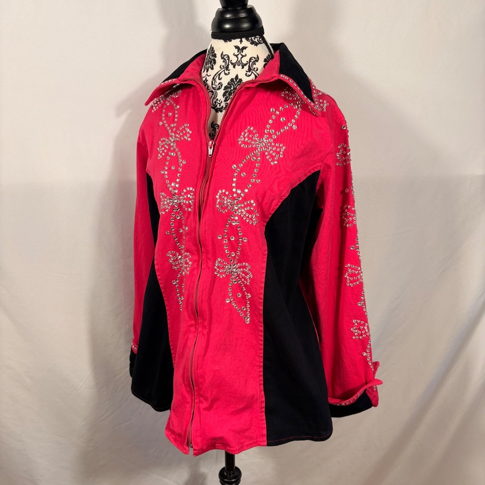 Rods Western Show Shirt Pink Black Rhinestone Zip Front Jacket Womens 1X Rodeo